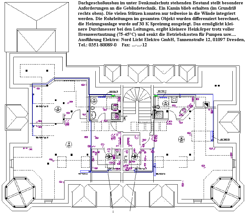 Ein Dachgescho mit zwei Trmchen ......    Im Plan dargestellt sind die Gewerke Heizung und Elektro